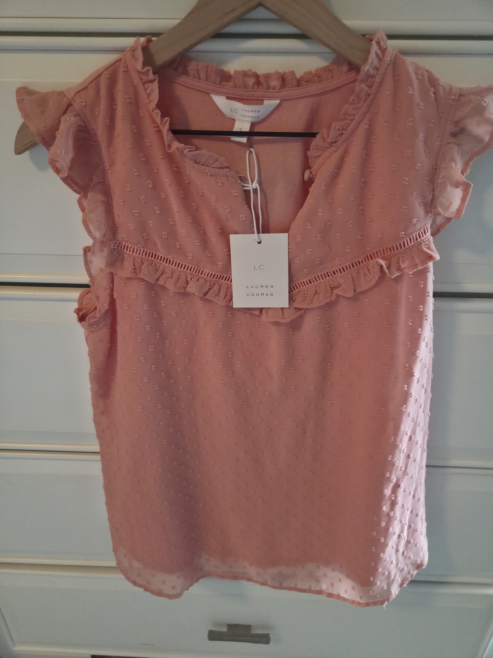 LC Lauren Conrad Coral Pink Ruffle-Trim Sleeveless Swiss Dot Top